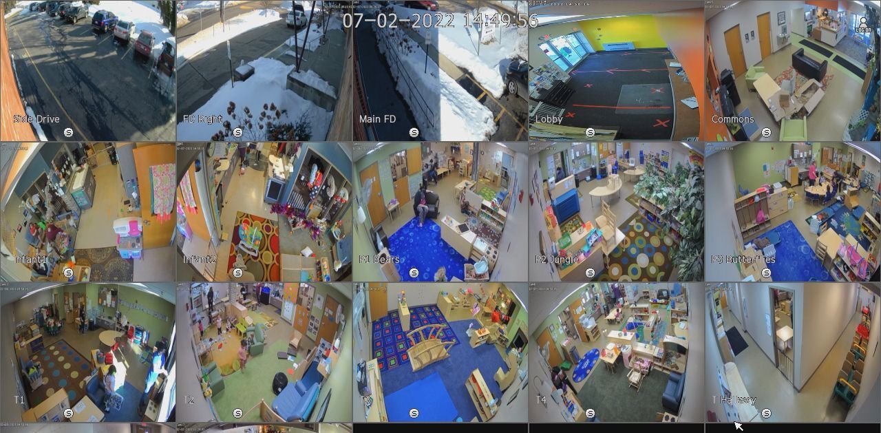 A business surveillance view displays D.O.G. security services for a daycare
